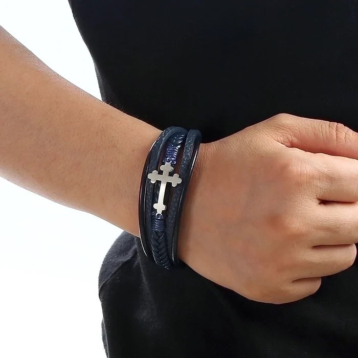 Ethnic Style Men's Leather Bracelet | Braided PU Leather Cross Wristband | Boho Adjustable Cuff for Men β Unique Fashion Accessory