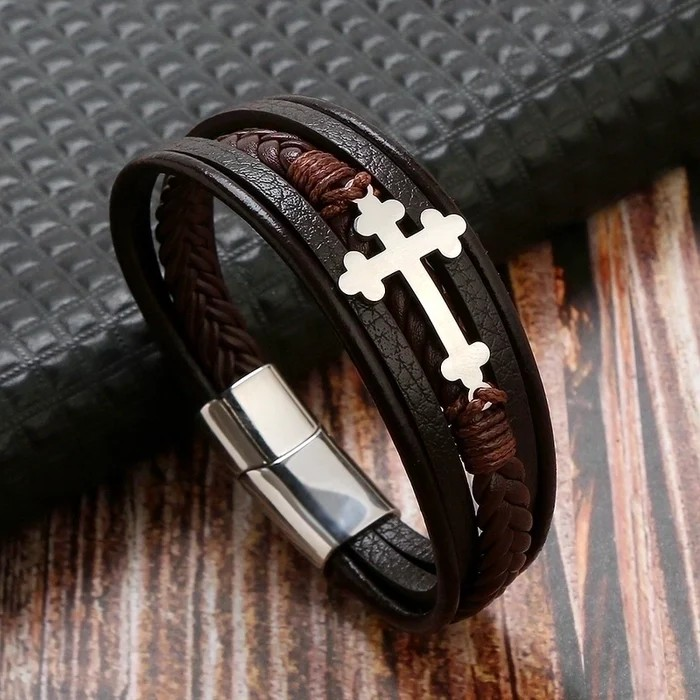 Ethnic Style Men's Leather Bracelet | Braided PU Leather Cross Wristband | Boho Adjustable Cuff for Men β Unique Fashion Accessory