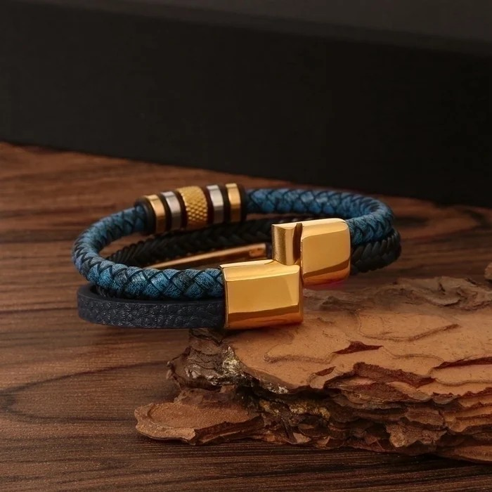 2 Pieces Men's Stainless Steel Pu Leather Casual Hip-Hop Plating Magnetic Braid Stripe Plaid Twist Bracelets Bangle
