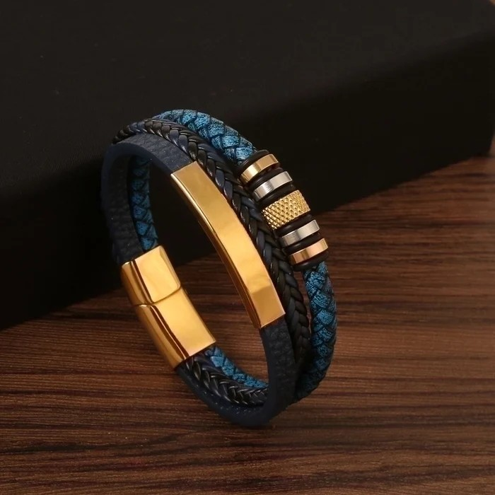 2 Pieces Men's Stainless Steel Pu Leather Casual Hip-Hop Plating Magnetic Braid Stripe Plaid Twist Bracelets Bangle