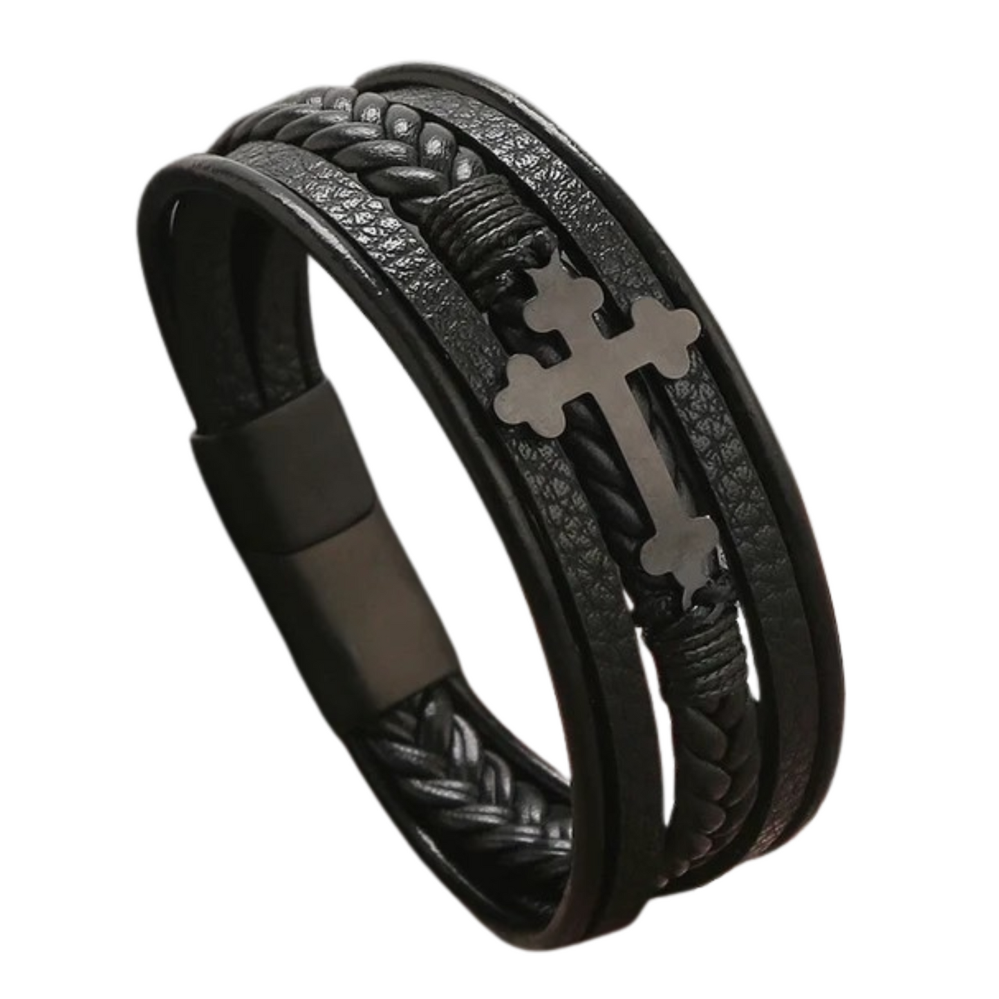 Ethnic Style Men's Leather Bracelet | Braided PU Leather Cross Wristband | Boho Adjustable Cuff for Men β Unique Fashion Accessory