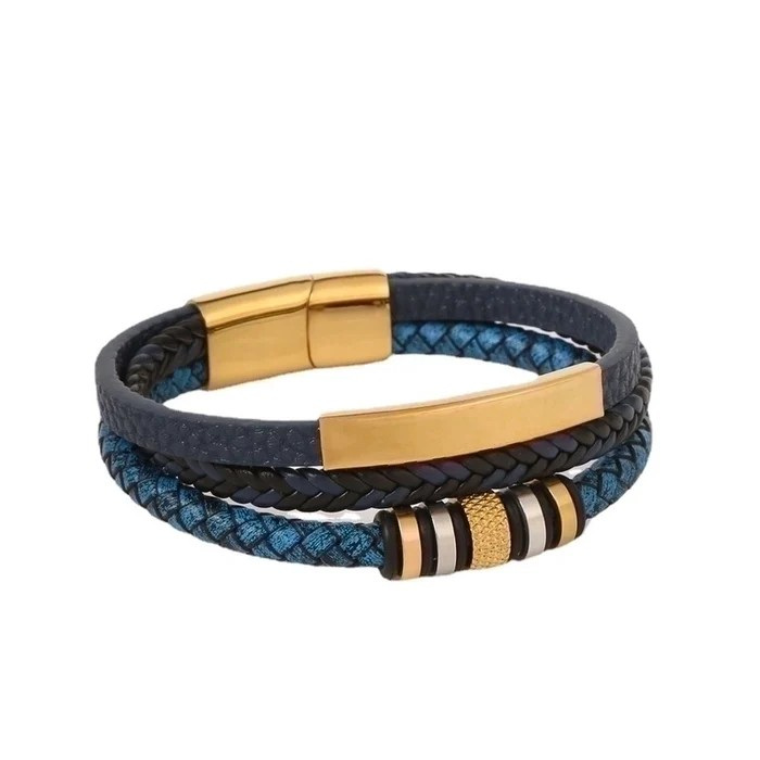 2 Pieces Men's Stainless Steel Pu Leather Casual Hip-Hop Plating Magnetic Braid Stripe Plaid Twist Bracelets Bangle