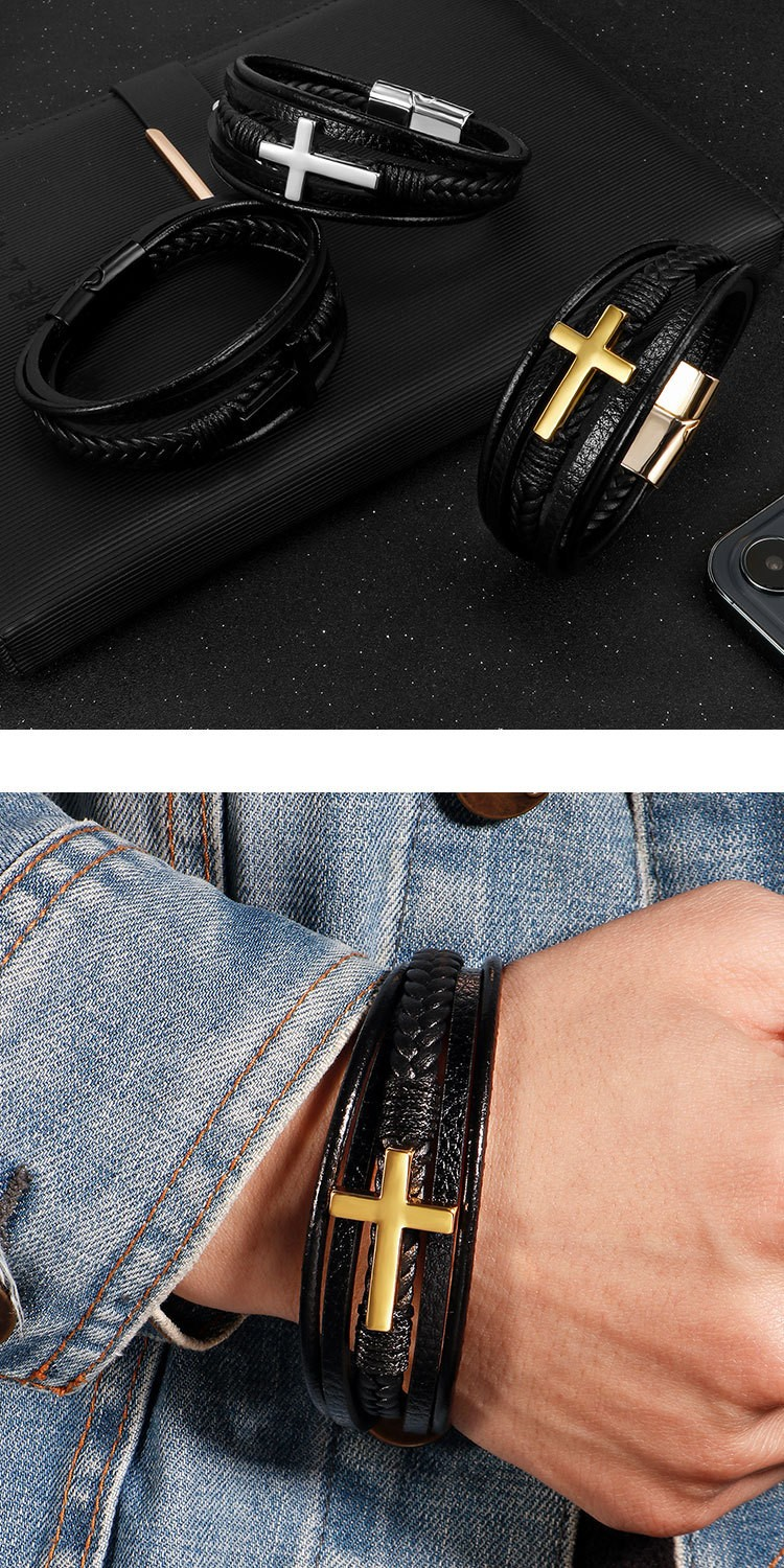 Ethnic Style Men's Leather Bracelet | Braided PU Leather Cross Wristband | Boho Adjustable Cuff for Men β Unique Fashion Accessory