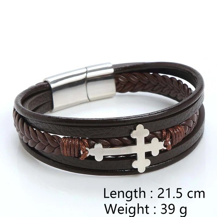 Ethnic Style Men's Leather Bracelet | Braided PU Leather Cross Wristband | Boho Adjustable Cuff for Men β Unique Fashion Accessory