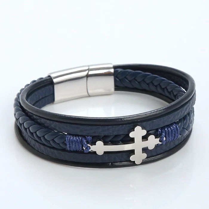 Ethnic Style Men's Leather Bracelet | Braided PU Leather Cross Wristband | Boho Adjustable Cuff for Men β Unique Fashion Accessory