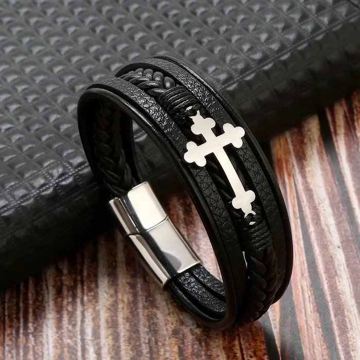 Ethnic Style Men's Leather Bracelet | Braided PU Leather Cross Wristband | Boho Adjustable Cuff for Men β Unique Fashion Accessory