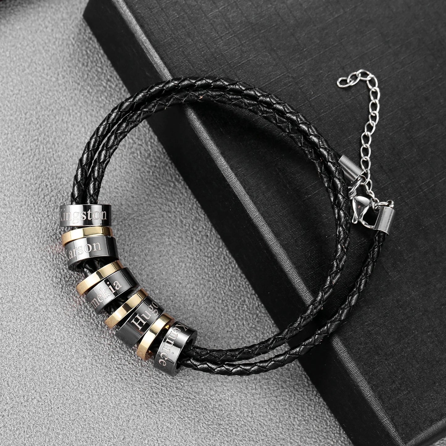 Custom Men’s Leather Bracelet | Personalized Black Bead Charm Bracelet for Him | Braided Wristband | Father’s Day Gift
