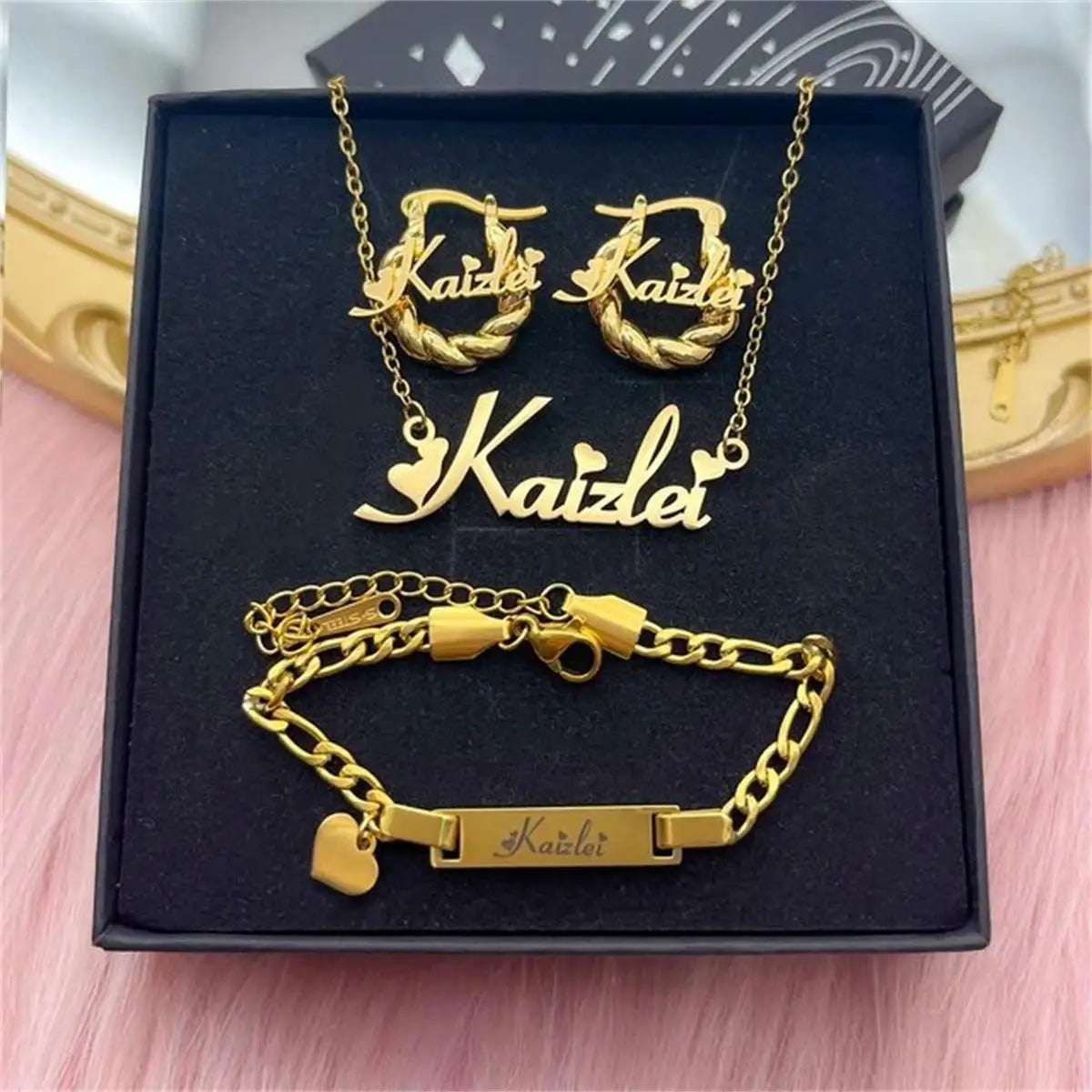 Personalized Kids Jewelry Set | Custom Name Necklace, Bracelet & Mini Earrings | Stainless Steel Gift for Girls or Boys