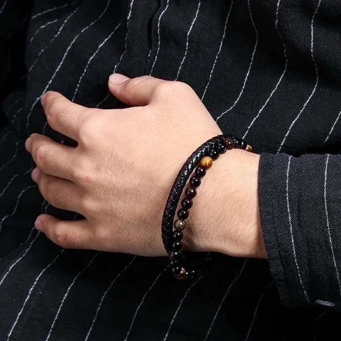 Men's Ethnic Style Men's Bracelet – Natural Stone & Volcanic Rock | Twist Design | Adjustable Alloy Bracelet for Men