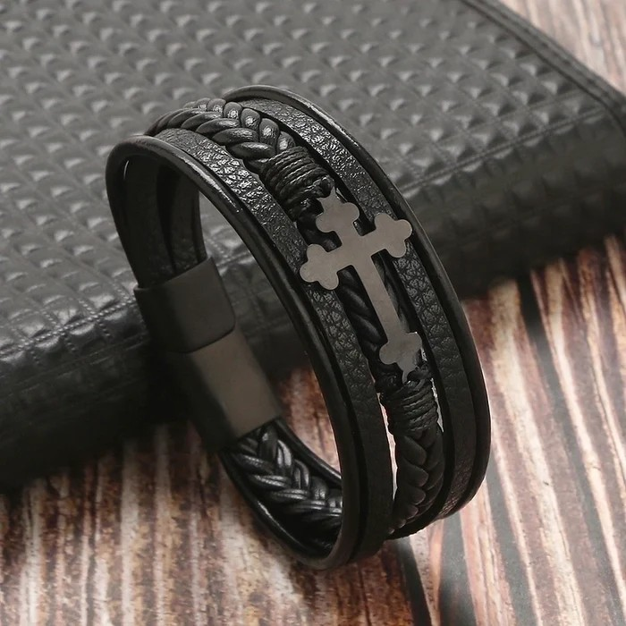 Ethnic Style Men's Leather Bracelet | Braided PU Leather Cross Wristband | Boho Adjustable Cuff for Men β Unique Fashion Accessory