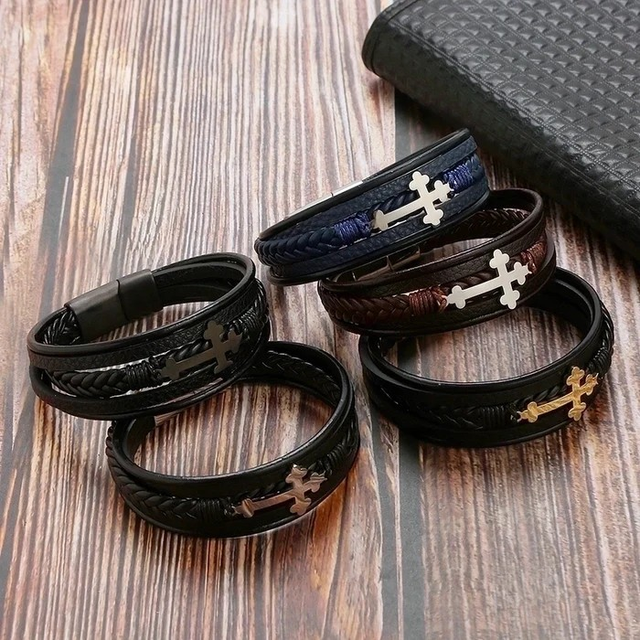 Ethnic Style Men's Leather Bracelet | Braided PU Leather Cross Wristband | Boho Adjustable Cuff for Men β Unique Fashion Accessory