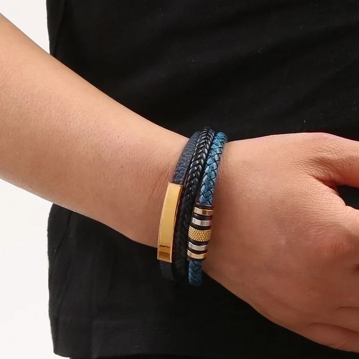2 Pieces Men's Stainless Steel Pu Leather Casual Hip-Hop Plating Magnetic Braid Stripe Plaid Twist Bracelets Bangle