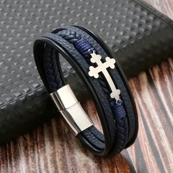 Ethnic Style Men's Leather Bracelet | Braided PU Leather Cross Wristband | Boho Adjustable Cuff for Men β Unique Fashion Accessory