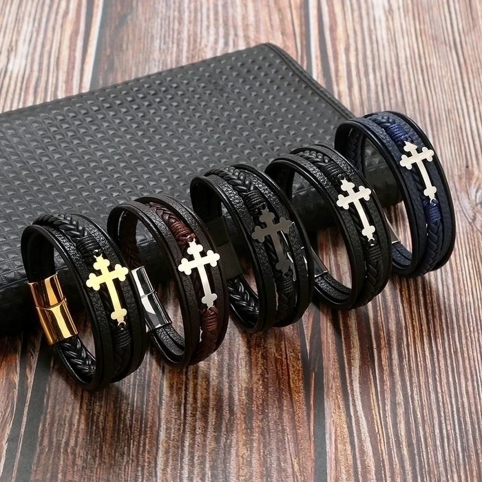 Ethnic Style Men's Leather Bracelet | Braided PU Leather Cross Wristband | Boho Adjustable Cuff for Men β Unique Fashion Accessory