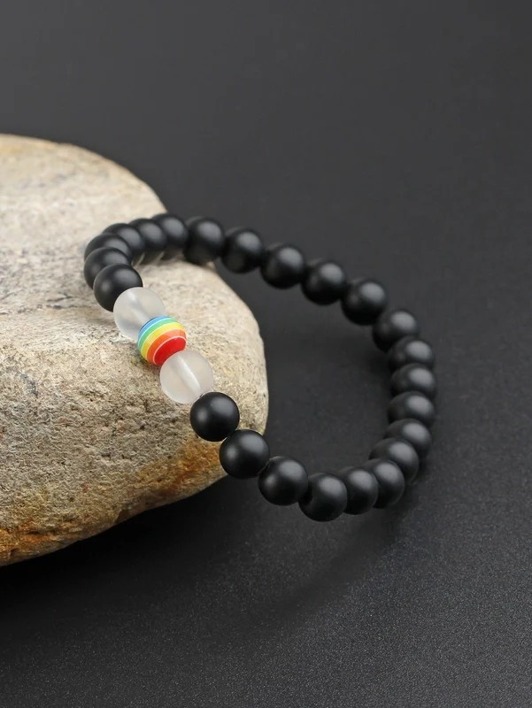 Men's Vintage Geometric Lava Rock & Glass Beaded Bracelet | Unisex Handmade Boho Jewelry | Stretchy Bead Bracelet for Men & Women