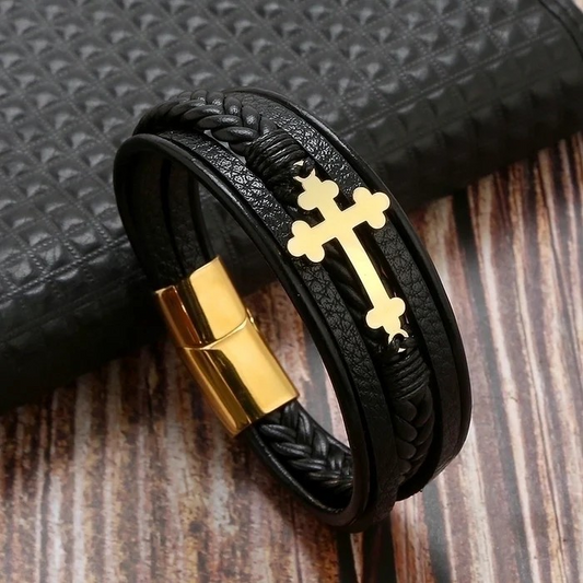 Ethnic Style Men's Leather Bracelet | Braided PU Leather Cross Wristband | Boho Adjustable Cuff for Men – Unique Fashion Accessory