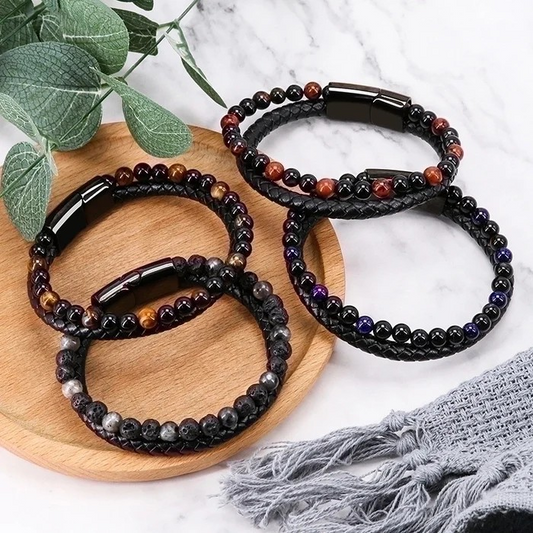 Men's Ethnic Style Men's Bracelet – Natural Stone & Volcanic Rock | Twist Design | Adjustable Alloy Bracelet for Men