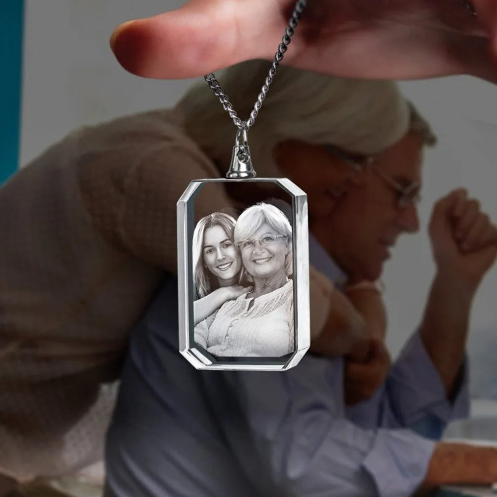 Custom Photo Crystal Necklace | Personalized Laser Engraved Square Pendant | Graduation, Birthday, Pet Memory Gift