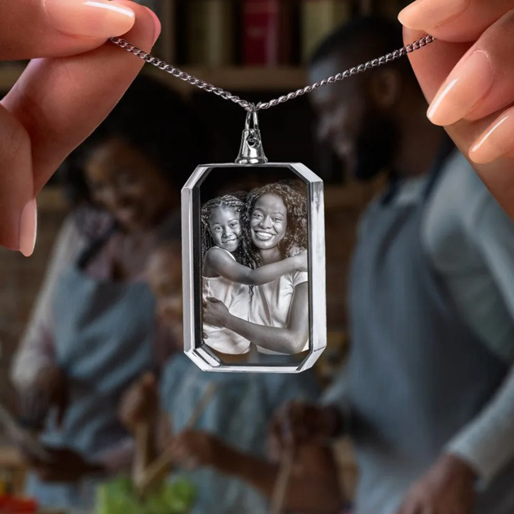 Custom Photo Crystal Necklace | Personalized Laser Engraved Square Pendant | Graduation, Birthday, Pet Memory Gift