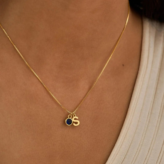 Personalized Gold Initial Necklace with Birthstone | Custom Letter Charm Necklace for Women | Birthday Gift with Box Chain