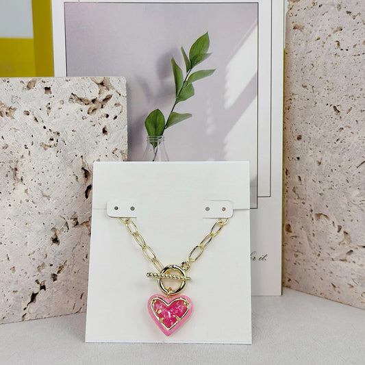 Gold-Plated Ari Heart Pendant Necklace | Pink Iridescent Glitter Glass | Enamel Frame Chain | Short Dainty Fashion Jewelry